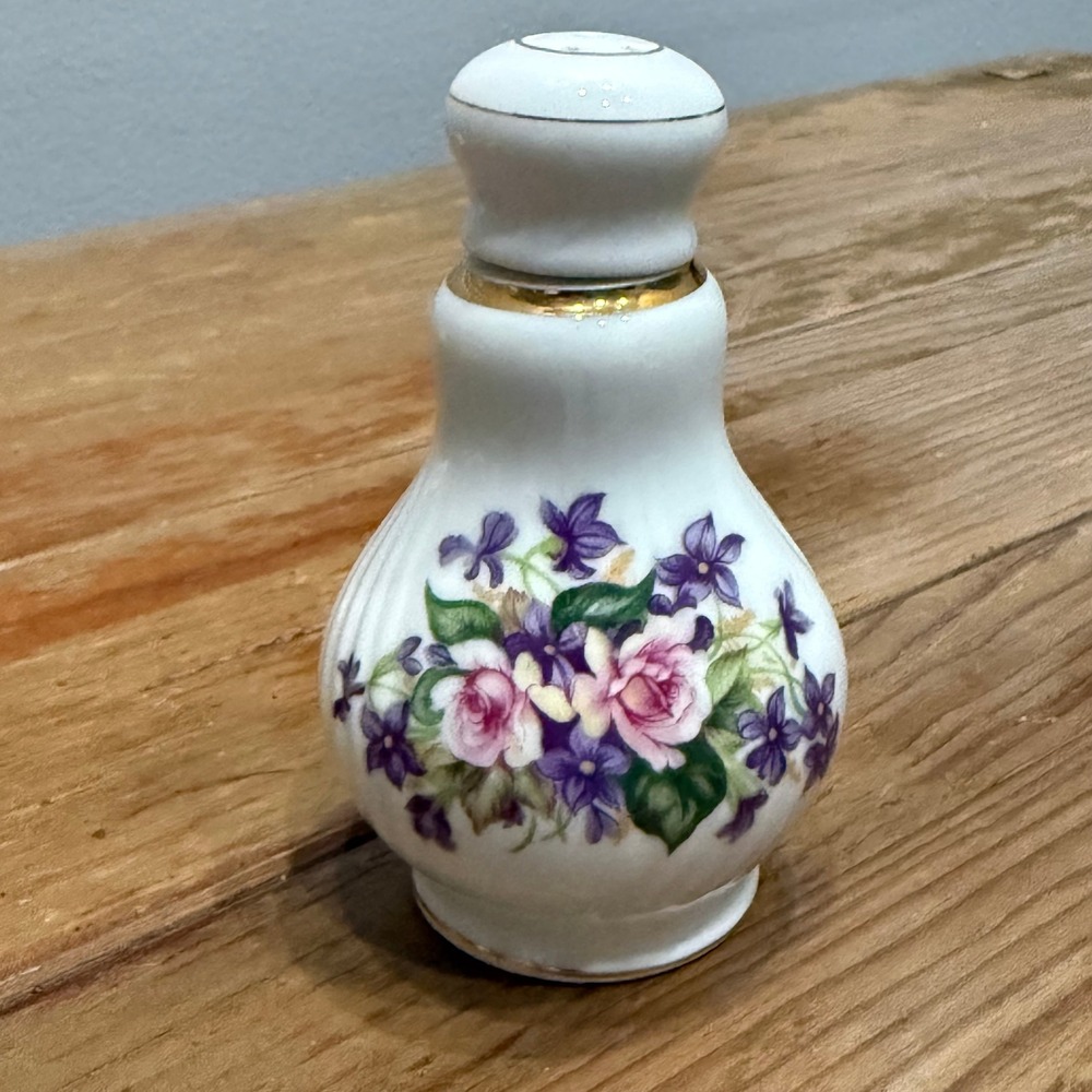 Vintage Violet Rose Porcelain Shaker Hatpin Holder Gold Trim Floral Antique